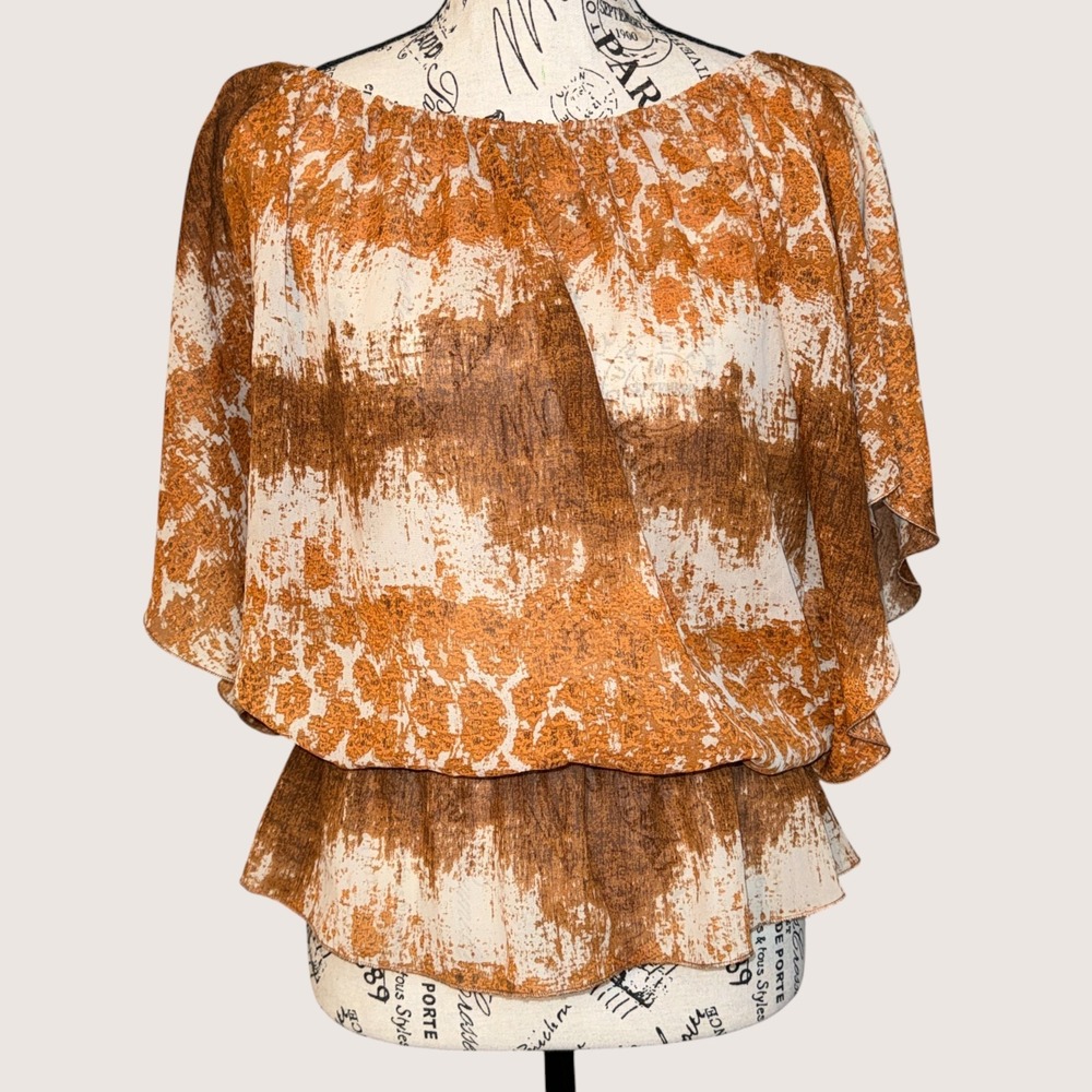 Ali Kris Sheer Peplum Blouse Small Rust Brown Abstract Flutter Sleeve Feminine